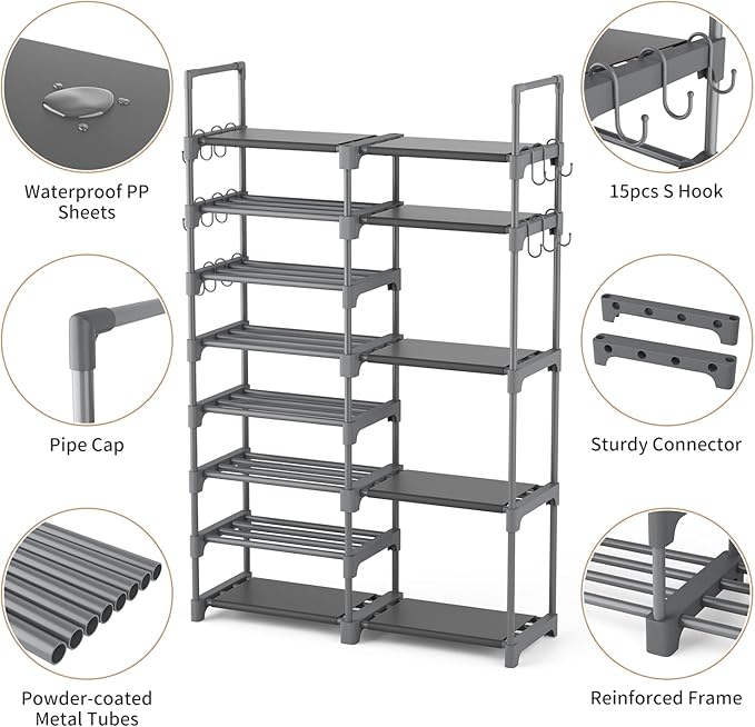 ROJASOP Shoe Rack, Shoe Storage Organizer for Closet Entryway Garage Bedroom, 8 Tier Tall Metal Shoe Shelf for 26-32 Pairs Boots & Shoes, Adjustable Shoe Stand for Small Space