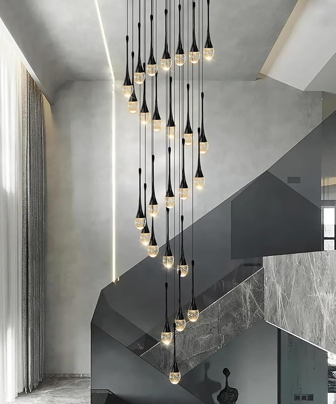 H150'' High Ceiling Chandeliers for Entryway 36-Lights Black Spiral Crystal Chandelier Modern Raindrop Chandeliers for Villa Staircase,Hanging Light Fixtures for High Ceiling