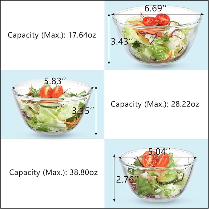 WHJY 3 Pack of 7 Inch Glass Cereal Bowls - Borosilicate Glass Construction, Modern Style, 17.64 Ounces Capacity Each