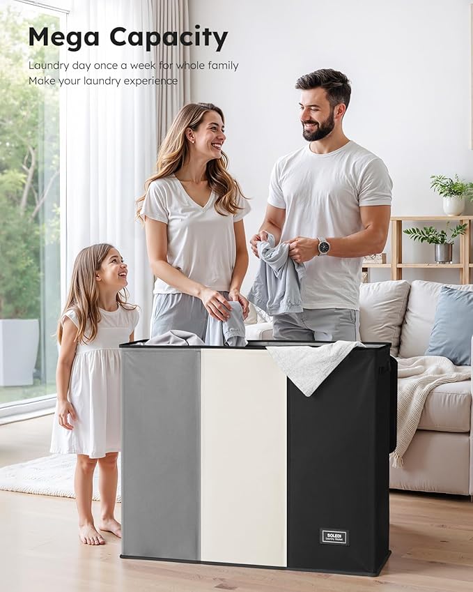 SOLEDI Laundry Hamper 3 Section with Lid and 3 Pcs Laundry Bag, Large Hamper 3 Compartment 180L, Basket Sorter for Bedroom Blanket Storage
