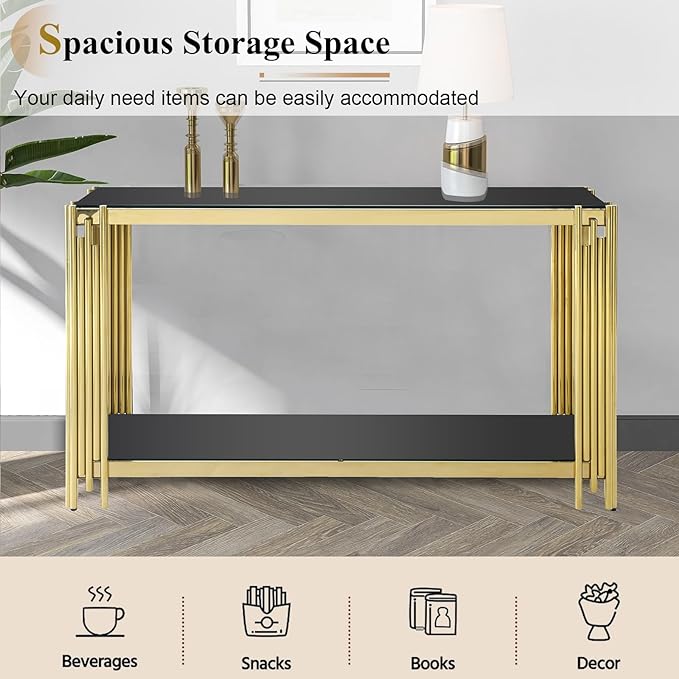 4 Pieces Glass Living Room Table Set, Modern Coffee Table Console Table and 2 End Table Set with Storage Glass Gold Coffee Table Set w/Stainless Steel Frame for Apartment Home Office