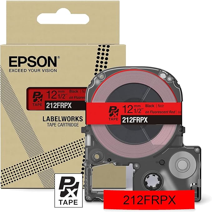 Epson LABELWORKS 212FRPX Genuine PET (Polyester) Tape Cartridge - Black on Fluorescent Red Designer Craft Label Maker Tape - 1/2" (12MM) Wide, 16'
