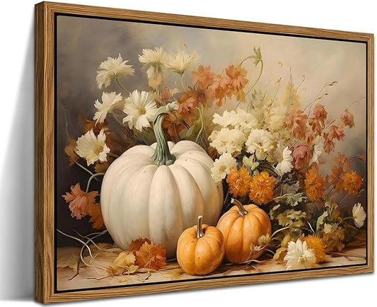 Framed Fall Pumpkin Canvas Wall Art - Farmhouse White & Orange Pumpkins Still Life Pictures Prints, Autumn Halloween Thanksgiving Wall Decor for Living Room Kitchen 16x24 inch