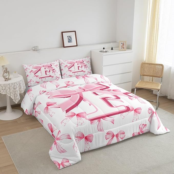 jejeloiu Kids Girls Cute Pink Bow Comforter Set Twin Size Monogrammed Bedding Set Ultra Soft Personalized Initial F Duvet Quilt Coquette Bow Knot Quilt Set Room Decor Modern Fashion Comforter