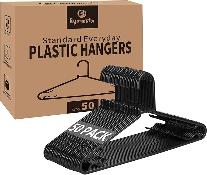 Black Plastic Hangers 50 Pack, Light Weight Durable Clothes Hangers G-Shape Standard Size Non-Slip Coat Hanger Adult Clothes Hangers for Laundry & Everyday Use -Slim & Space Saving