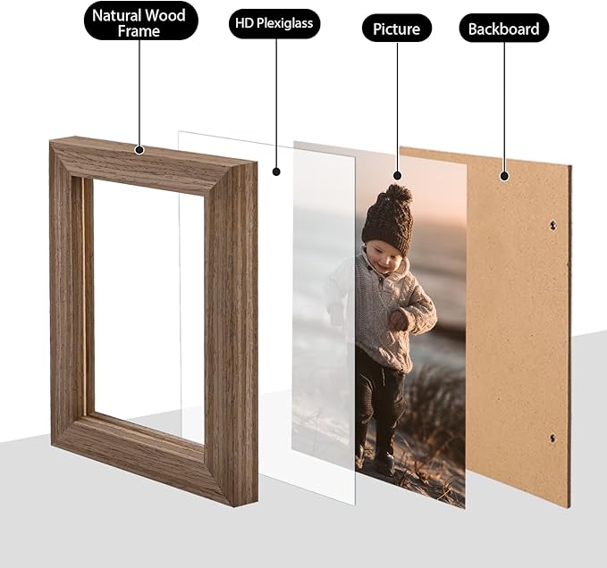 KINLINK 3.5x5 Picture Frame Rustic Brown, Solid Wood Frames with Plexiglass for Table Top and Wall Mounting, Photo Frames for Horizontal or Vertical Display, 4 Pack