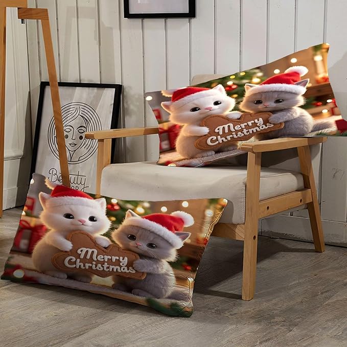 Kids Christmas Comforter Set Twin, Merry Christmas Cat Print Bedding Set for Girls Boys Women and Men, Xmas Bed Set with 1 Comforter and 1 Pillowcase