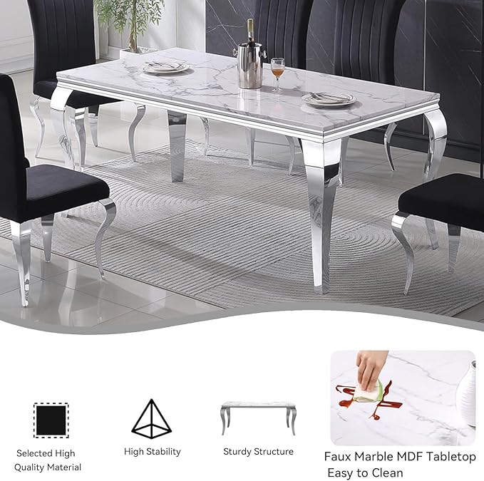 Goujxcy 70" Marble Dining Table Set for 6, Modern 7 Piece Dining Room Table Set with White Faux Marble Dining Table & 6 Grey Velvet Upholstered Chairs, Luxury Silver Kitchen Table Chairs Set of 6