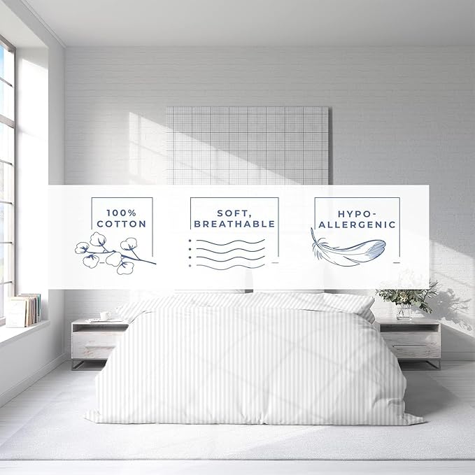 Kotton Culture 1 Pc Queen Size Duvet Cover Only -100% Egyptian Cotton Sateen 600 TC Ultra Soft Premium Durable Comforter Cover Zipper Closure & Corner Ties (Striped White, Queen/Full 90" X 90")