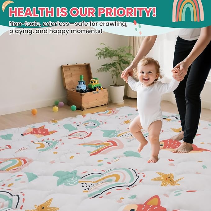 Baby Play Mat for Floor,50x50 Inch Soft Padding Crawling Mat for Playpen, Foldable and Machine Washable, Thick for Babies & Toddlers,Rainbow Fox