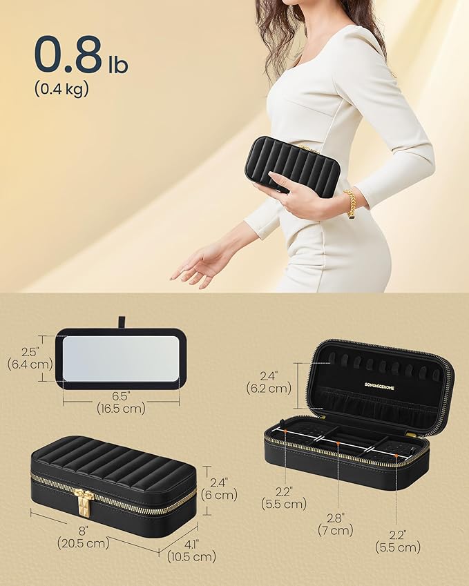 SONGMICS HOME Travel Jewelry Case, Small Jewelry Box Organizer with Mirror, 4.1 x 8 x 2.4 Inches, PU Surface with Stitching, Portable, Ink Black, ANAH Collection UJBC180B01