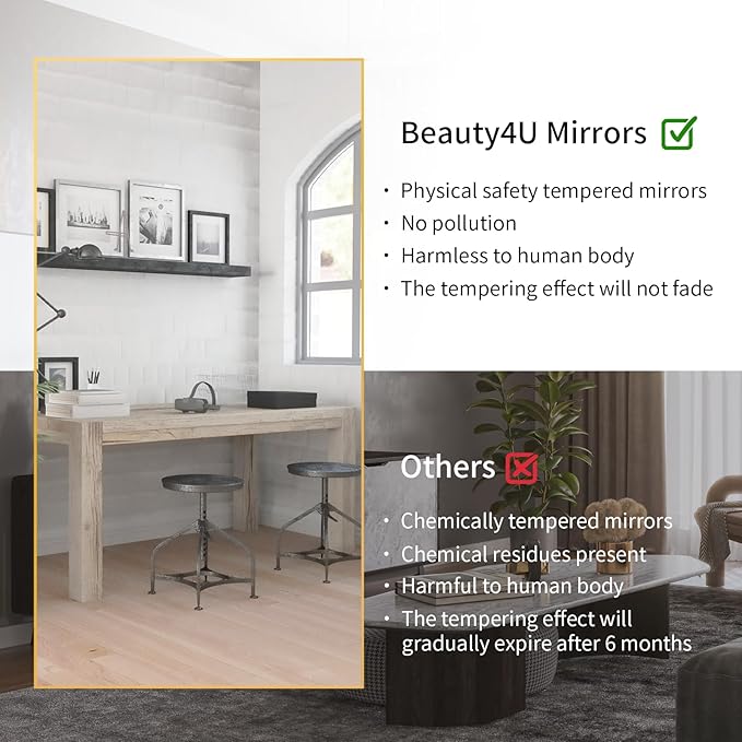 Beauty4U 76" x 34" Large Full Length Mirror with Stand, Gold Wall Mounting Full Body Mirror, Metal Frame Full-Length Mirror for Living Room, Bedroom