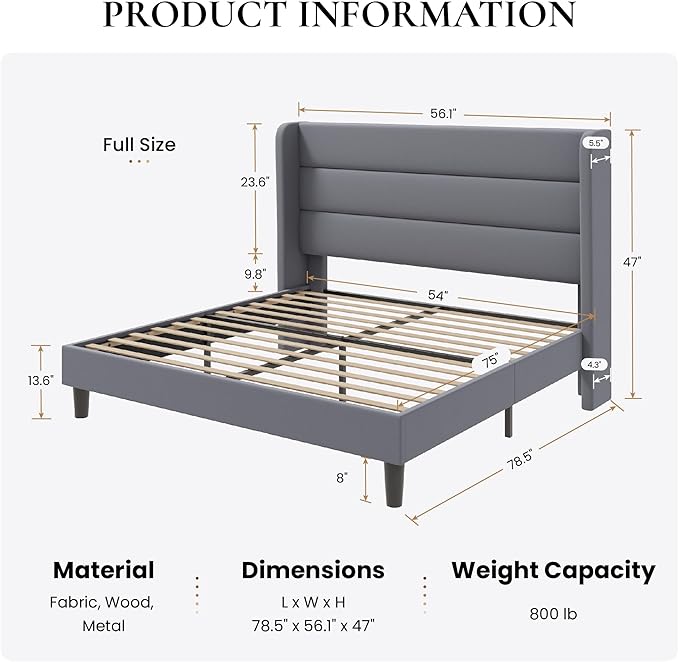SHA CERLIN Full Size Velvet Bed Frame/Vertical Channel Tufted Wingback Headboard/Upholstered Platform Bed with Wooden Slats/Mattress Foundation/No Box Spring Needed/Easy Assembly/Grey