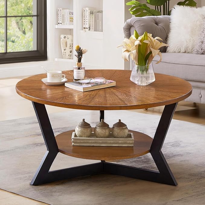 Round Wood Coffee Table for Living Room, 2-Tier Rustic Circle Table with Storage, Solid Natural Top with Metal Legs, Radial Pattern 35'x 17'