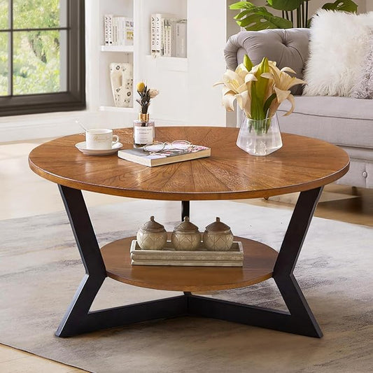 Round Wood Coffee Table for Living Room, 2-Tier Rustic Circle Table with Storage, Solid Natural Top with Metal Legs, Radial Pattern 35'x 17'