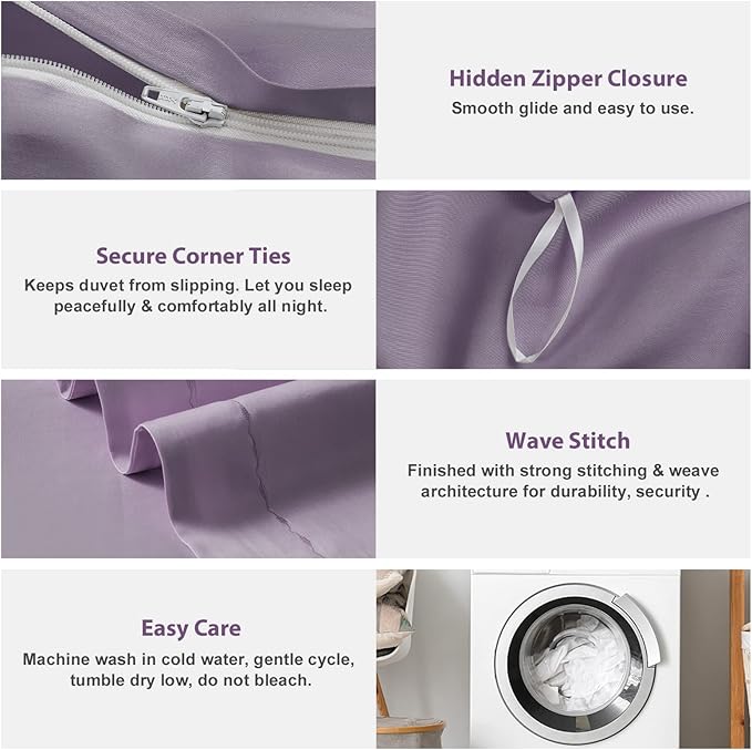 MILDLY 100% Long-Staple Cotton Duvet Cover Set King Size Purple Comforter Cover Sets Ultra Soft Bedding Set 3 PCS with Zipper Closure & Corner Tie (No Comforter)