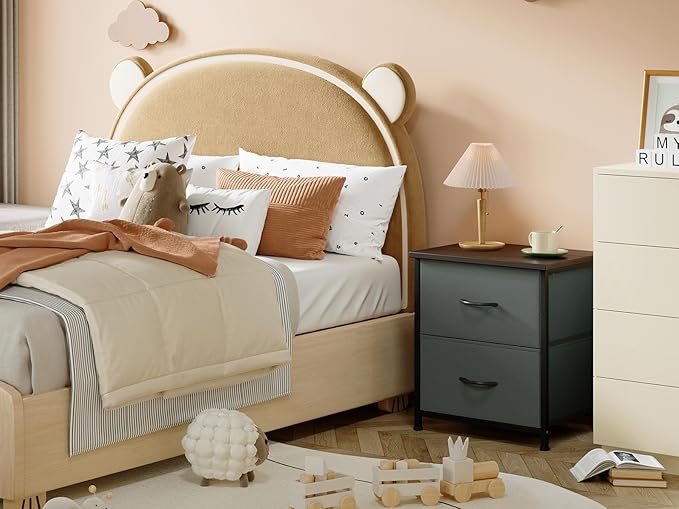 Somdot Nightstand with 2 Drawers, Bedside Table Small Dresser with Removable Fabric Bins for Bedroom Nursery Closet Living Room - Sturdy Steel Frame, Wood Top, Pull Handle - Charcoal Grey