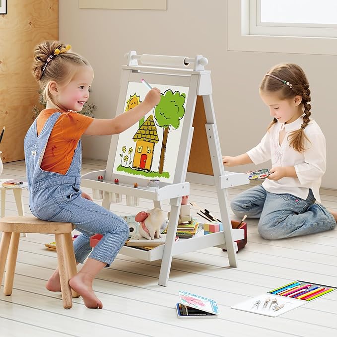 OLAKIDS Easel for Kids, 3 in 1 Adjustable Painting Art Board, Foldable Double-Sided Wooden Drawing Chalkboard Magnetic Whiteboard with Paper Roll, Storage Rack, Cups for Boy Girls (Gray)