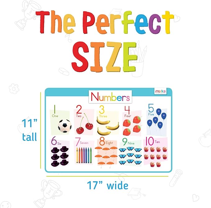 Merka Placemats for Kids - Set of 4 - Reusable, Washable Toddler Placemat with Non-Slip Back, Learn Letters, Numbers, Shapes, Colors - for Mealtime, Playtime, and Craft Activities, 17 x 11 in