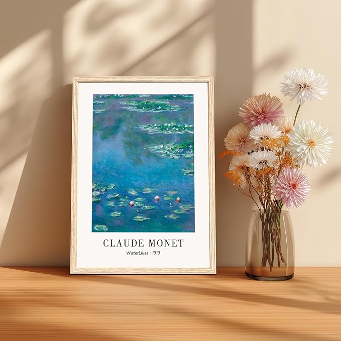 Cyebmo Vintage Botanical Wall Art Set of 3, Claude Monet Water Lilies Art Prints, Impression Sunrise Water Lilies Seine River Poster Prints for Living Room Bedroom Bathroom Wood Framed 16"x24"x3