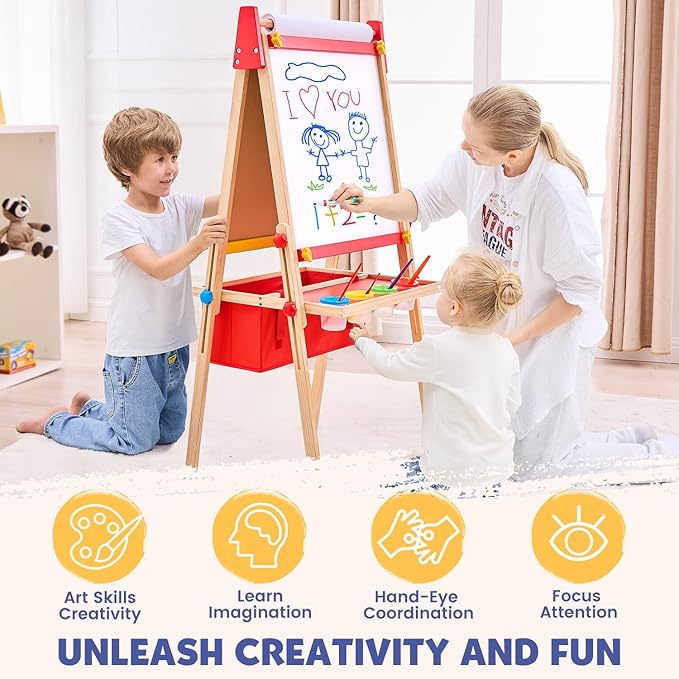 Art Easel for Toddlers Kids, Adjustable Standing Art Easel with Magnetic Chalkboard & Whiteboard, Dry-Erase Board, Paper Roll, Drawing & Painting Easel for Kids Ages 3 4-8 9-12, Red w/Bag