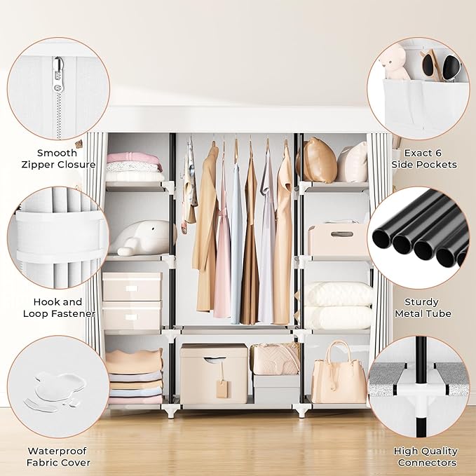 VTRIN Portable Closet Wardrobe for Hanging Clothes 57.3 Inch Large Capacity Clothes Rack with Cover, 10 Storage Organizer Shelves, 1 Hanging Rods and 6 Pockets, Free Standing Closet, White