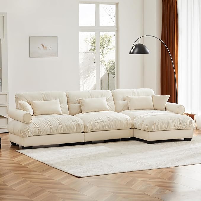 Ball & Cast 130" Oversized Modular Sofa,L Shaped 3-Seater Couch Sectional Couch with Round Bolster Armrests and 5 Pillows,Fluffy Velvet Deap Seat Couches w/Ottoman,for Living Room,Convertible,Cream