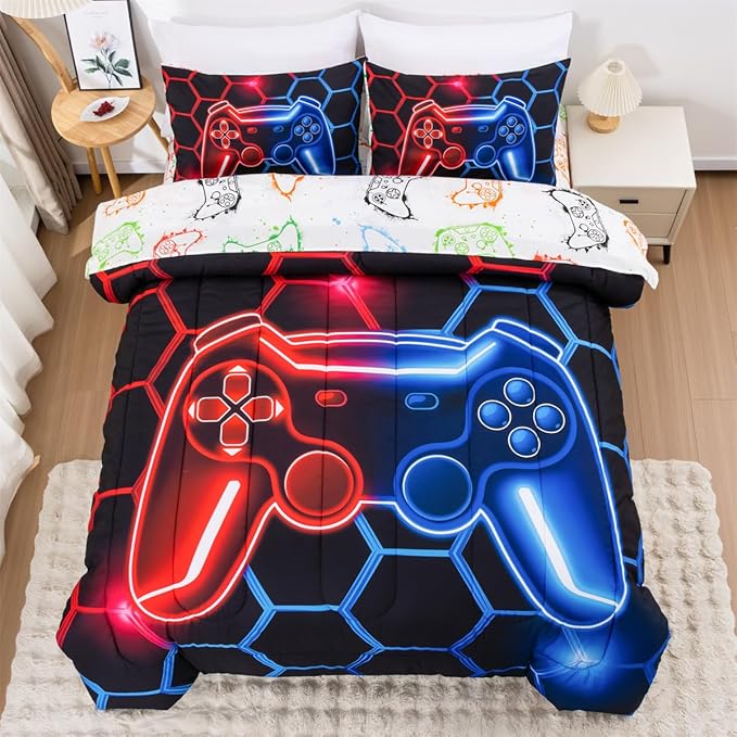 NTBED Game Console Comforter Set for Boys Girls Kids Geometric Lightweight Microfiber Bedding Sets (Red Blue, Full 5Pcs)