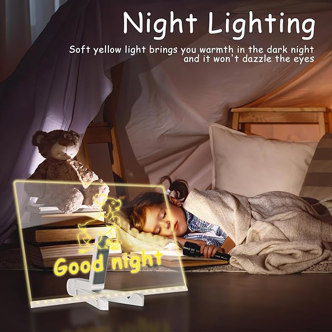 Acrylic Dry Erase Board LED Note Board with Colors, 2025 New Glowing Acrylic Message Marker Board with Light, Dry Erase Board with Stand & 7 Colored pens Illuminated Drawing Board 11.8in * 7.9in