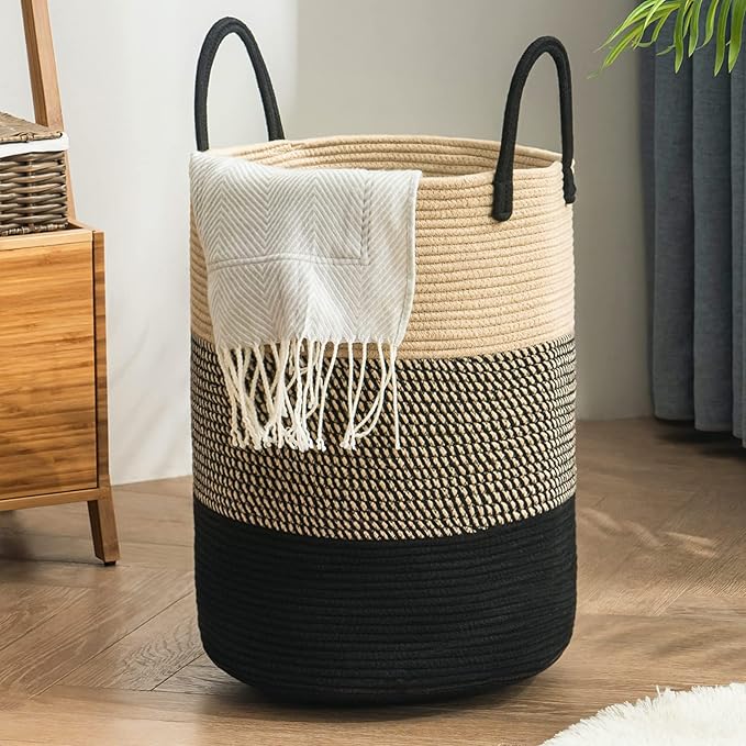 Woven Rope Laundry Hamper Basket, 58L Tall Laundry Basket for Blanket Organizer- Clothes Hamper for Bedroom Storage, Baby Kids Nursery Hamper-Large-Black & Brown
