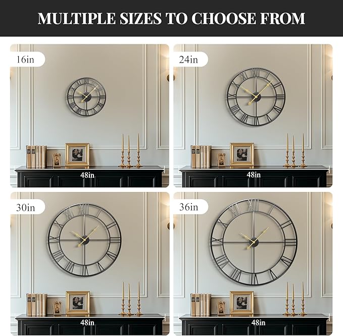 16 Inch Wall Clock for Living Room, Black Metal Wall Clock Battery Operated, Round Roman Numeral Decorative Clocks for Bedroom, Home, Kitchen, Office, Wall Decor