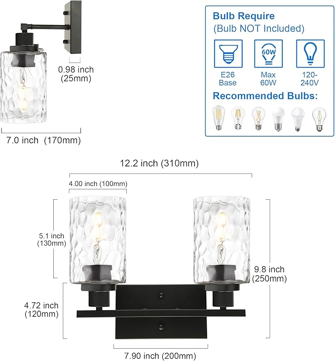 MELUCEE Indoor Wall Sconce Lighting 2-Light Matte Black with Clear Hammered Glass, Modern Bathroom Vanity Light Fixtures Wall Lamp for Mirror Cabinets Powder Room (Patent No.: US D963914 S)