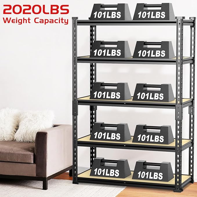 TigerParty 2020LBS Garage Shelving Units, 5-Tier Storage Shelves Heavy Duty, Adjustable Metal Organizer Utility Rack for Kitchen, Closet, Warehouse, Pantry, 72" H x 35.55" W x 16" D, 2PCS