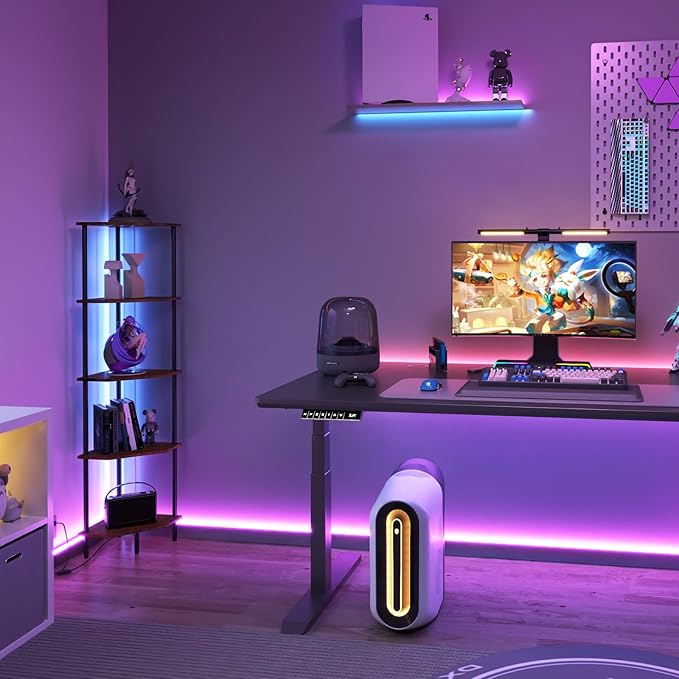 5 Tier Corner Shelf with LED Light,Tall Standing Shelf Organizer,Narrow Bookshelf,The Classic Combination of Rustic Brown and Black Standing Bookcase,Suitable for Bedroom,Living Room,Kitchen