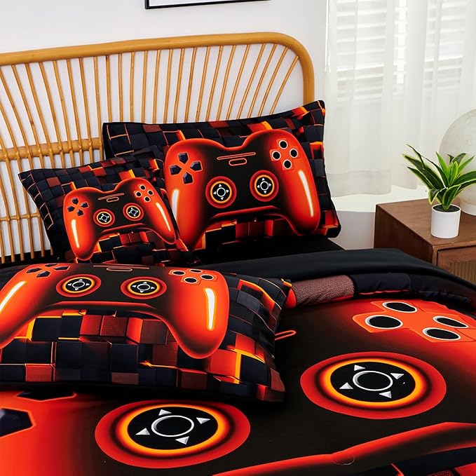 PERFEMET 6 Piece Orange Gaming Bedding Set Twin Size Game Console Boys Comforter Set with Sheets 3D Cool Soft Fluffy Video Gamer Bed in A Bag for Kids Teens(Orange, Twin)