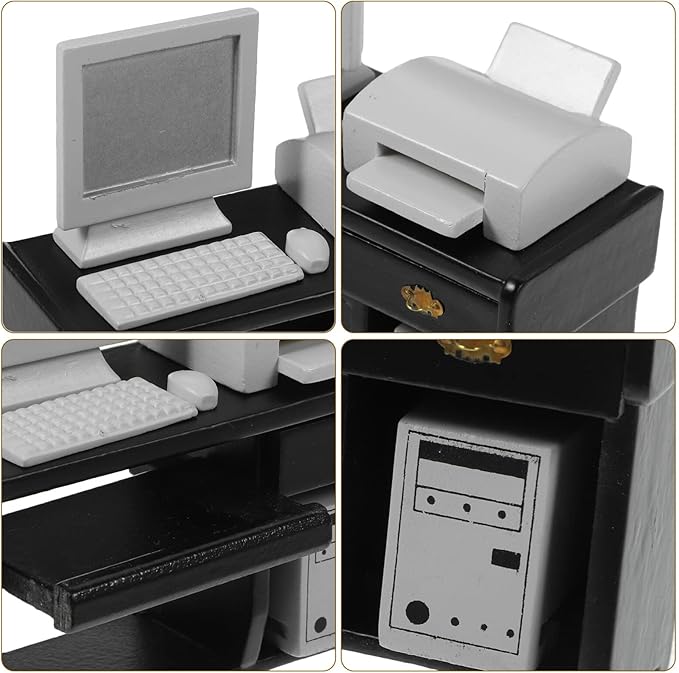 Toyvian Miniature Desk Office Furniture: 1 Set Dollhouse Mini Computer Desk and Tiny Chair Model Ornament for Crafts, Kids Doll House Decor