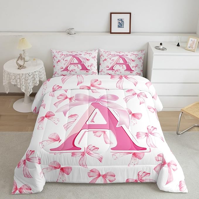 jejeloiu Kids Girls Cute Pink Bow Comforter Set Full Size Monogrammed Bedding Set Ultra Soft Personalized Initial A Duvet Quilt Coquette Bow Knot Quilt Set Room Decor Modern Fashion Comforter