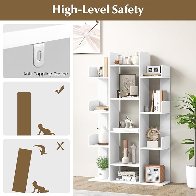 Tangkula Freestanding Tree Bookshelf, Corner Storage Organizer with 13 Open Shelves, Decorative Display Cube Shelf for Living Room, Study, Office, 34 x 9.5 x 55.5 Inch (2, White)