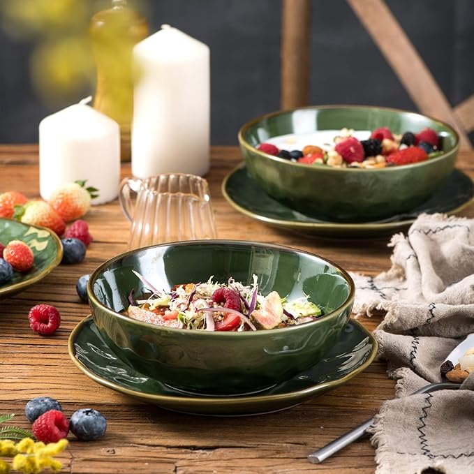 vicrays Ceramic Pasta Bowls Set, 32 Ounce Soup Bowls, Large Salad Bowls, Chip Resistant, Dishwasher Microwave Safe, Fluted stoneware Bowls for Kitchen, Serving Bowls, Set of 6 (Green)