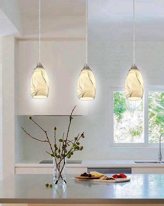 Mini Pendant Lights Kitchen Island Light Brown Glass Lamp Shade Hand Blown Glass Pendant Light with Brush Nickel Finish Adjustable Cord for Kitchen Over Sink (Green Marble-1Packs)