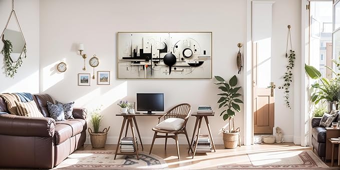 Abstract Wall Art Black and White Modern Artwork Geometric Line Art Canvas Painting Wall Decor for Living Room Bedroom Dining Room Home Office Decor 24"x48" with Framed…