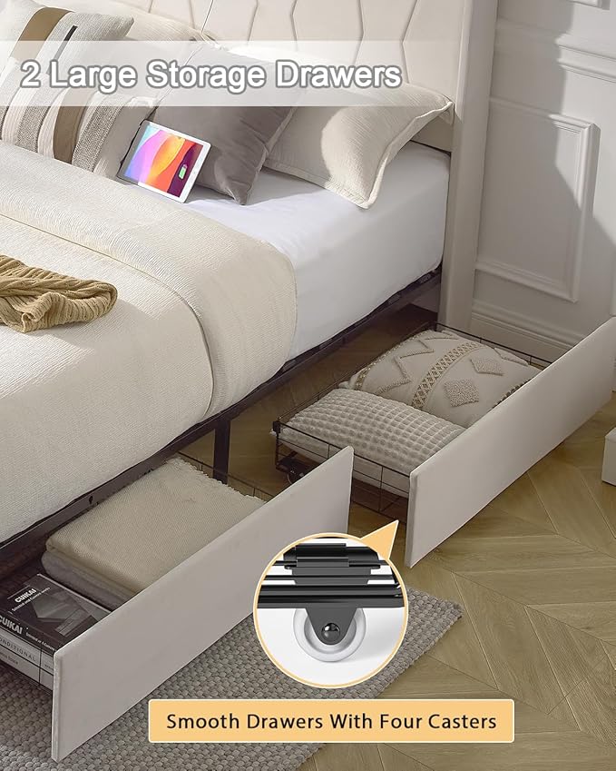 King Size Bed Frame, Velvet Upholstered LED Platform Bed with Headboard Storage, Bed Frame King Built-in Charging Station with 4 Drawers, Wood Slat Support, No Box Spring Needed, Beige