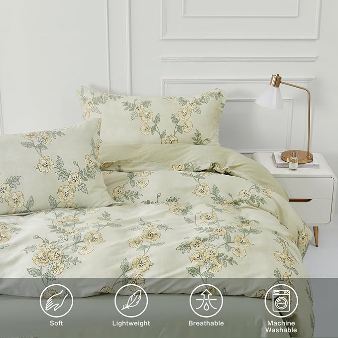 SAPHREAS Green Leaf Cotton Duvet Cover Set Full Size 3pcs Tropical Botanical Yellow Flower Bedding Comforter Cover Set 1 Duvet Cover 2 Pillow Shams, Comforter Not Included