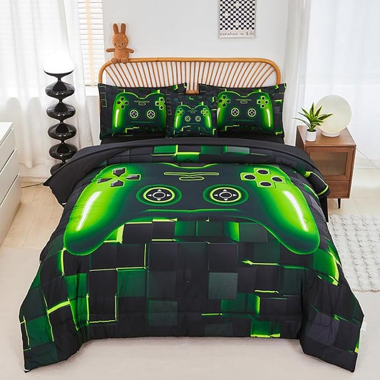 PERFEMET 6 Pcs Full Size Gamer Comforter Set Boys Green Game Console Bedding Set for Kids Teen 3D Black Video Gaming Pattern Bed in A Bag for All Seasons(Green, Full)