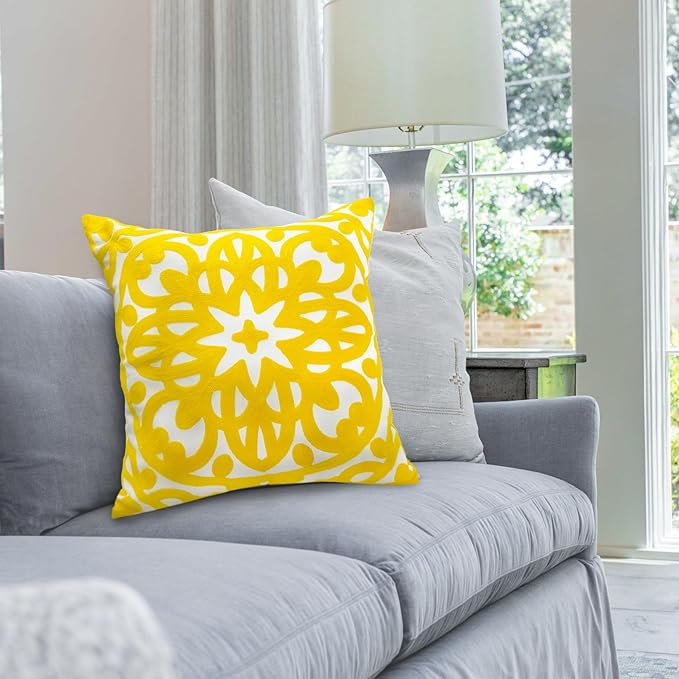 Alysheer Floral Embroidered Fall Decorative Throw Pillow Cover 18"x 18" Set of 2, Boho Mandala Embroidery Yellow Patterned Cushion Case for Sofa Couch Living Room Bedroom Outdoor
