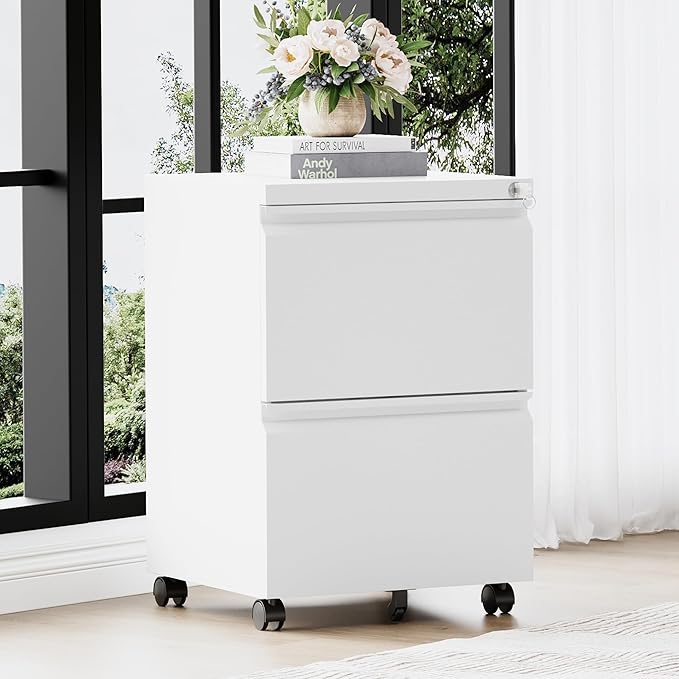 2 Drawer File Cabinet，Mobile Filing Cabinet with Lock and Wheels，Fully Assembled Metal Under Desk File Cabinets for A4/Letter/Legal Size（White