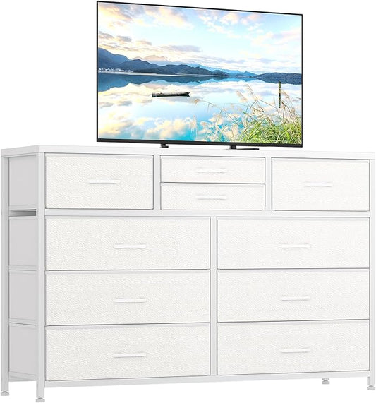 Jojoka Wide 10 Drawer Dresser,TV Stand Entertainment Center Fabric Storage Dressers Drawers for Bedroom, Hallway, Nursery, Closets, Steel Frame, Wood Top, White_1