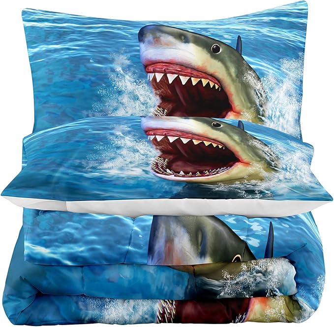 Tailor Shop Big Shark Comforter Set for Boys Teens Shark Open Big Mouth Blue Ocean Comforter Shark Bedding Set Twin Size with 1 Comforter 1 Pillowcase…