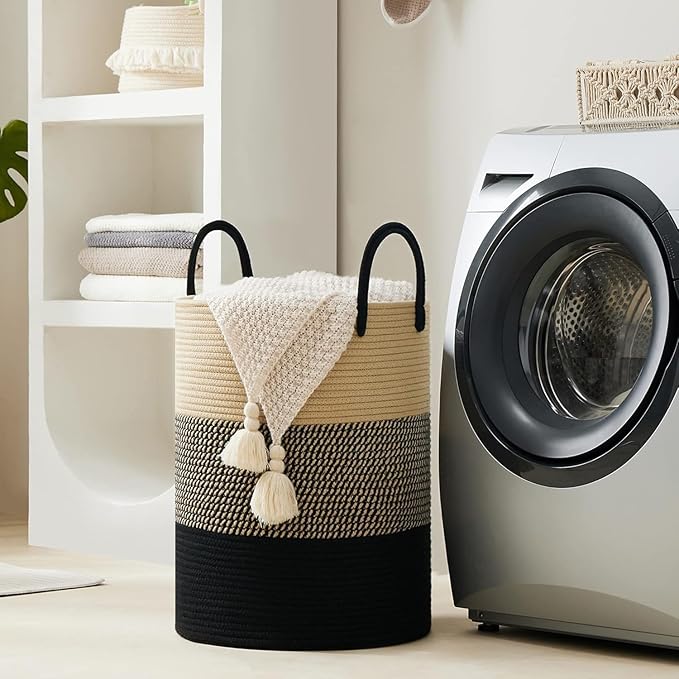 Woven Rope Laundry Hamper Basket, 100L Tall Laundry Basket, Baby Nursery Hamper for Blanket Storage, Clothes Hamper for Laundry in Bedroom-Extra Large-Black Brown