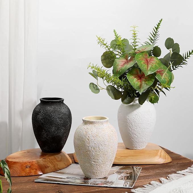 Rustic Ceramic Vase for Home Decor – 6.7" Small Decorative Beige Vases for Dried Flowers, Pampas Grass, Faux Plants – Modern Farmhouse Boho Table Centerpiece